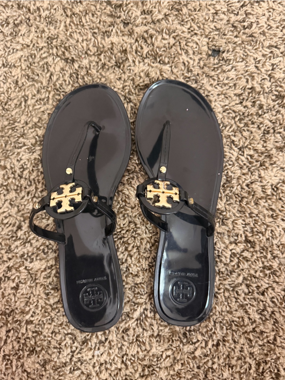 Tory Burch Black Jelly Thong Sandals with Gold Logo
